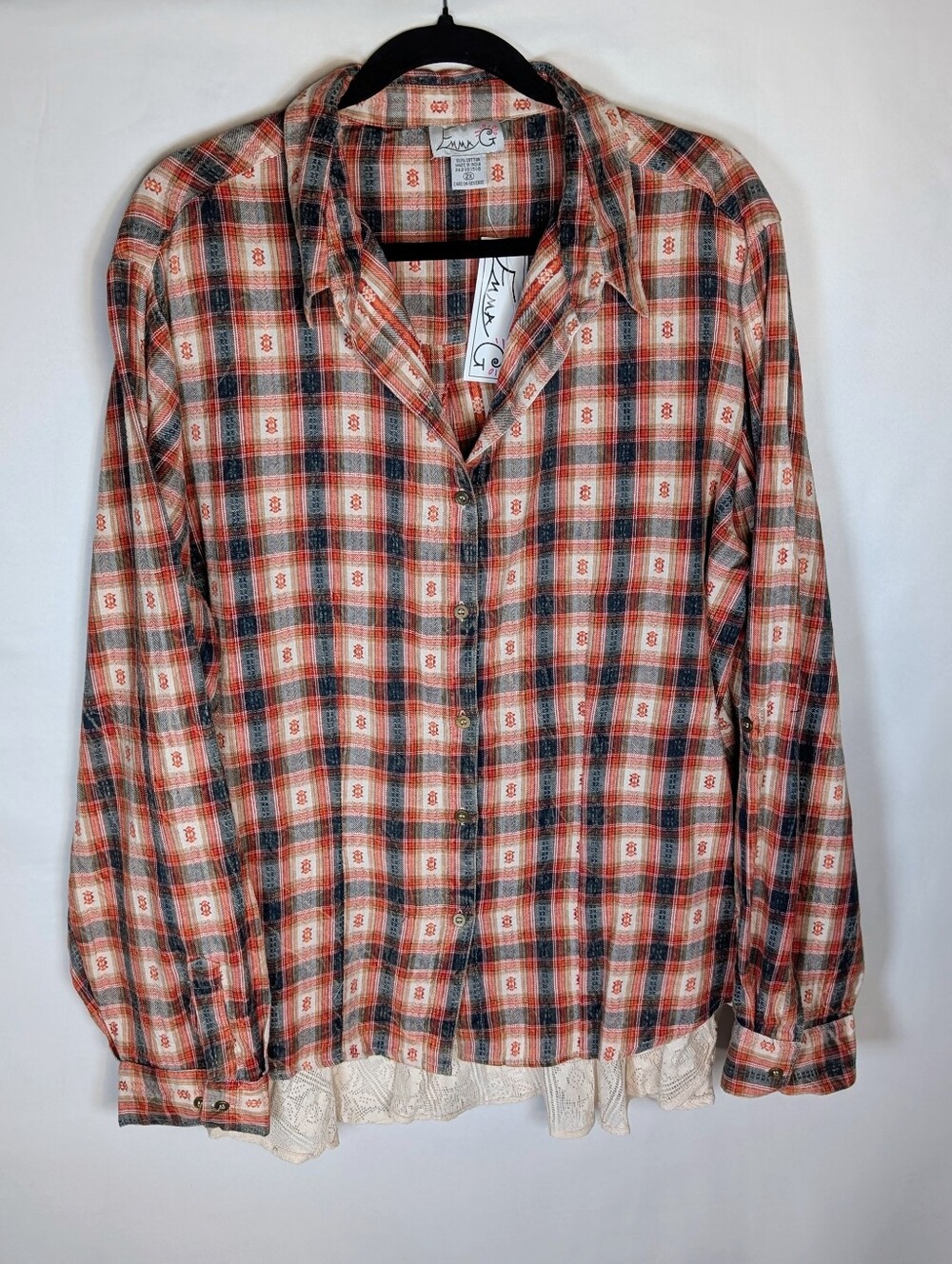 198-Emma G Plaid‎ Button-Up Shirt with Lace Hem